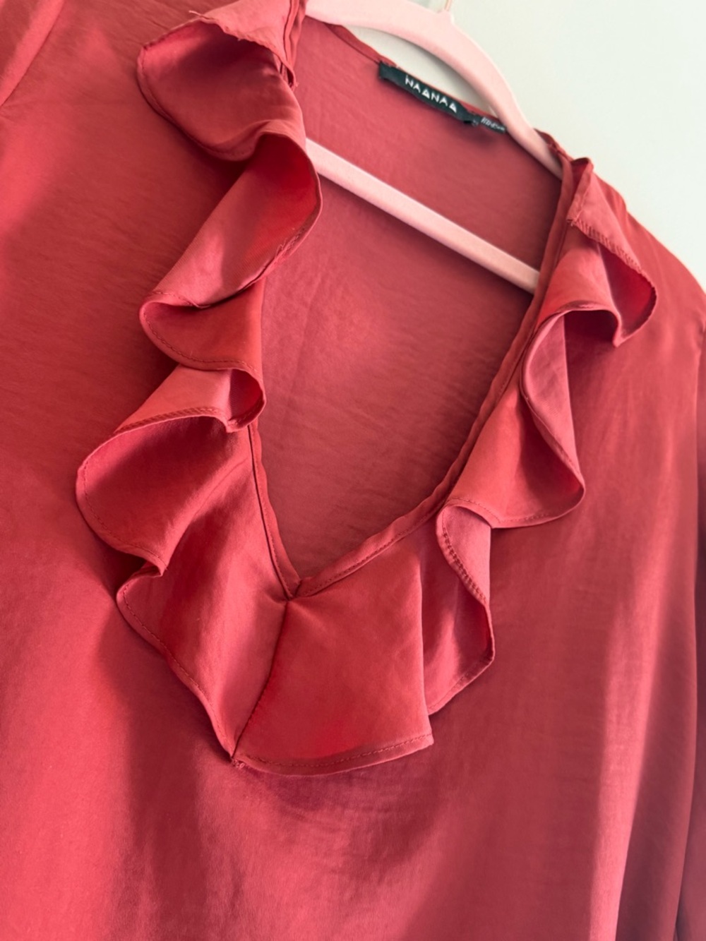 Women's Ruffle V-Neck Blouse - Rust Red - Picture 2 of 5